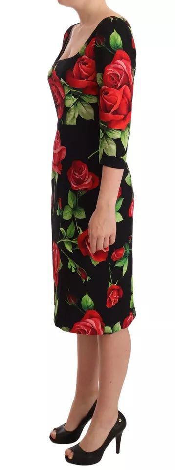 Dolce &amp; Gabbana Black and Red Roses Stretch Silk Shift Dress