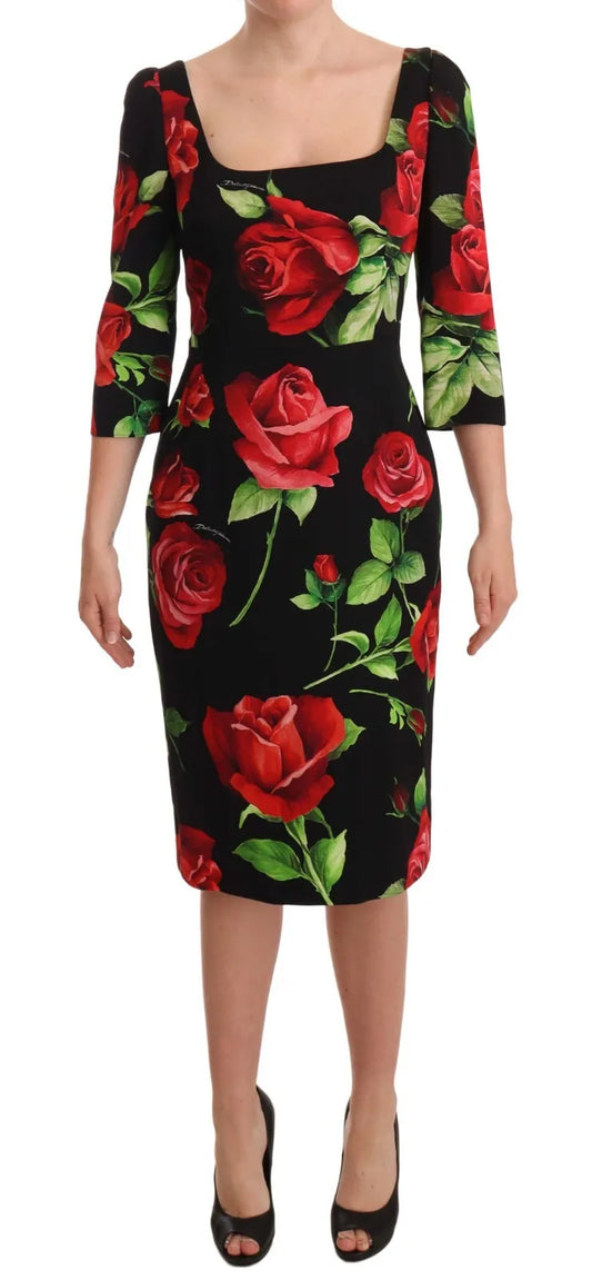 Dolce &amp; Gabbana Black and Red Roses Stretch Silk Shift Dress