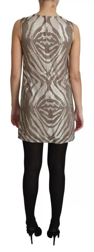 Dolce &amp; Gabbana Brown Crystal Shift Mini Zebra Silver Dress