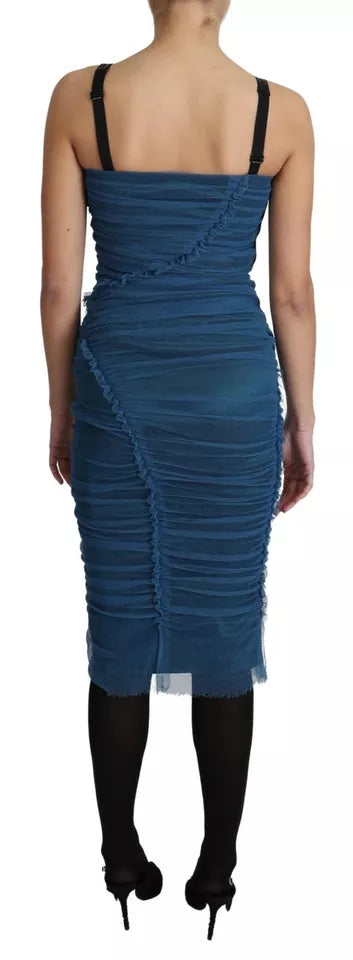 Dolce & Gabbana Blaues drapiertes Tüll-Midi-Scheide-Baumwollkleid