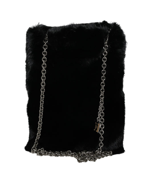 Dolce &amp; Gabbana Black Faux Fur Silver Chain Crossbody Shoulder Bag Handbag