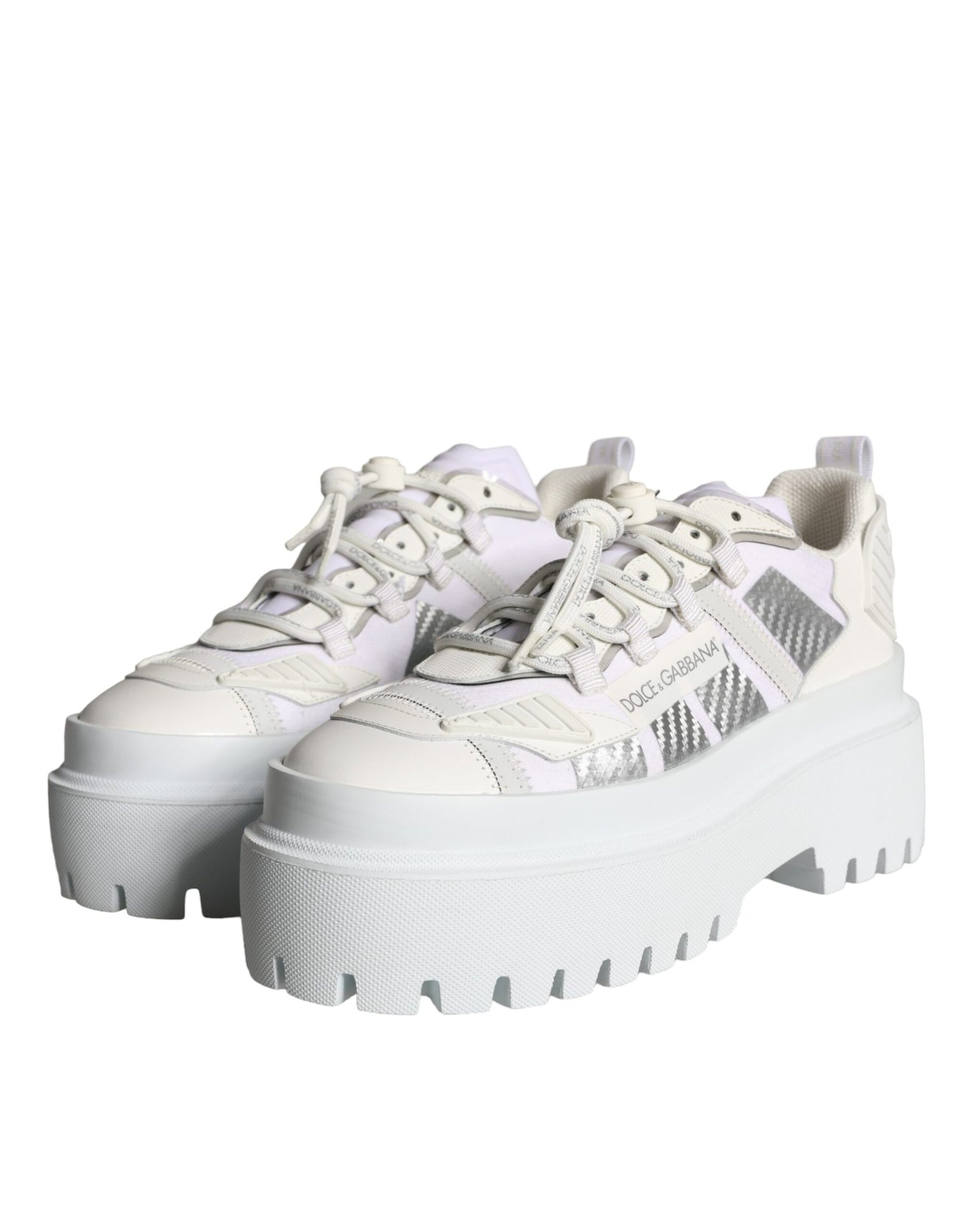 Dolce &amp; Gabbana White Silver Chunky Platform Sneakers Shoes