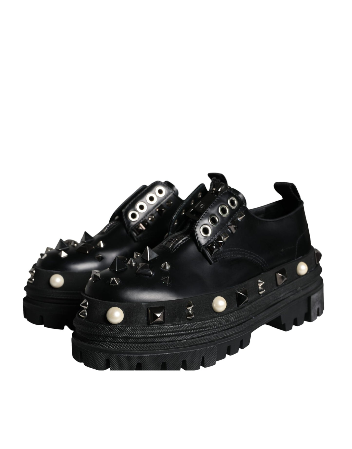 Dolce &amp; Gabbana Black Trekking Studded Derby Sneakers Shoes