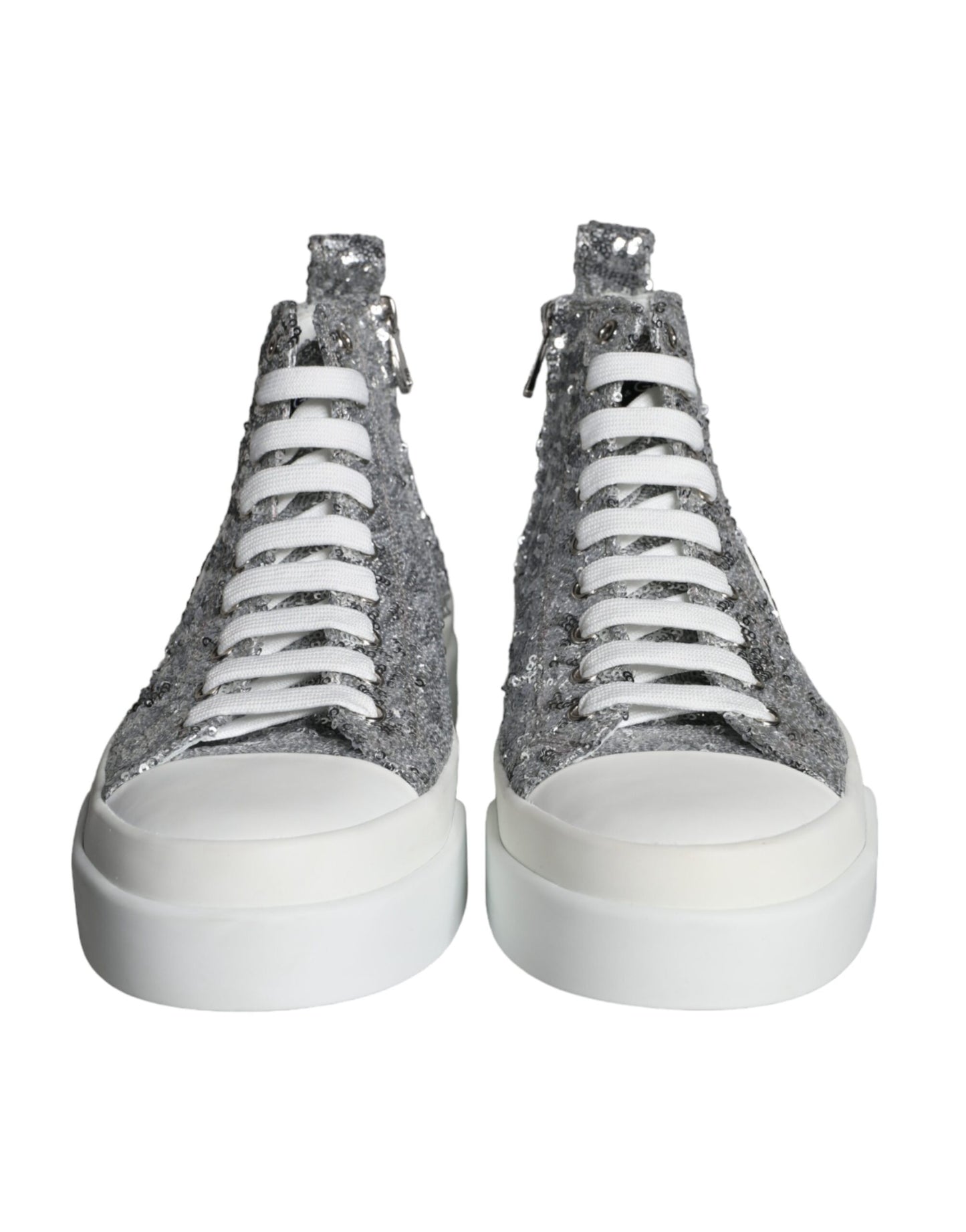 Dolce &amp; Gabbana Silver White Sequin High Top Sneakers Shoes