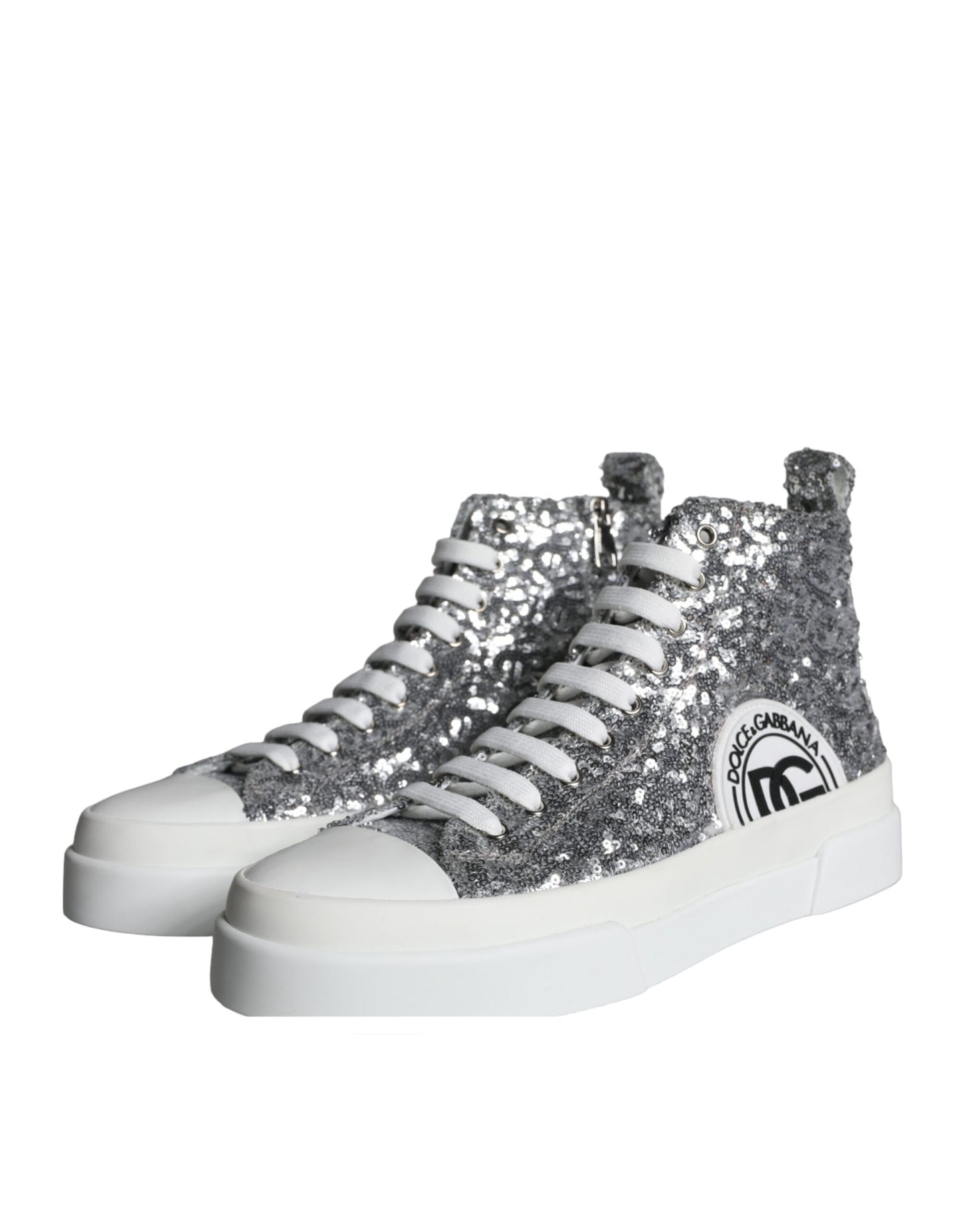 Dolce &amp; Gabbana Silver White Sequin High Top Sneakers Shoes