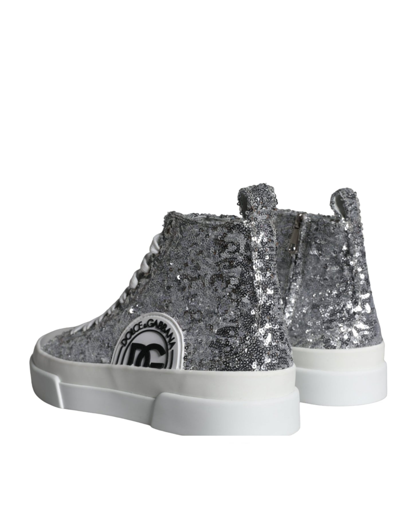 Dolce &amp; Gabbana Silver White Sequin High Top Sneakers Shoes