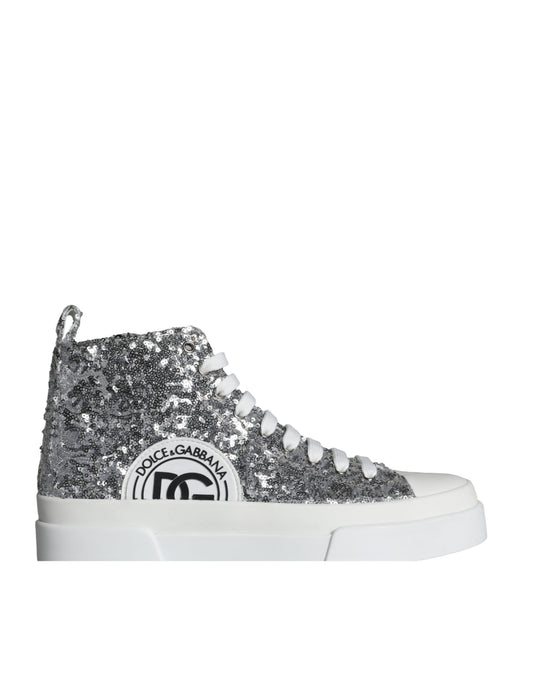 Dolce &amp; Gabbana Silver White Sequin High Top Sneakers Shoes