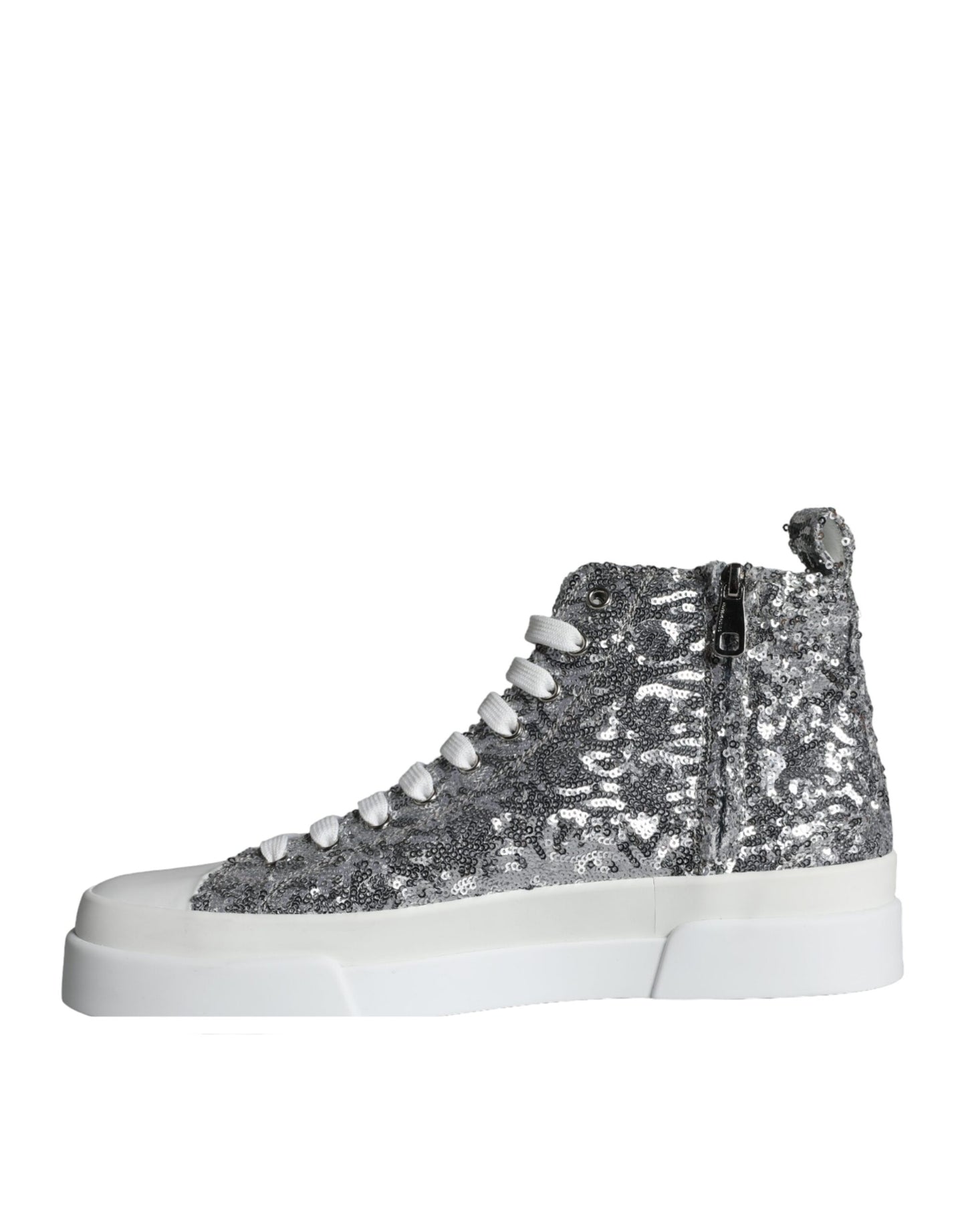 Dolce &amp; Gabbana Silver White Sequin High Top Sneakers Shoes