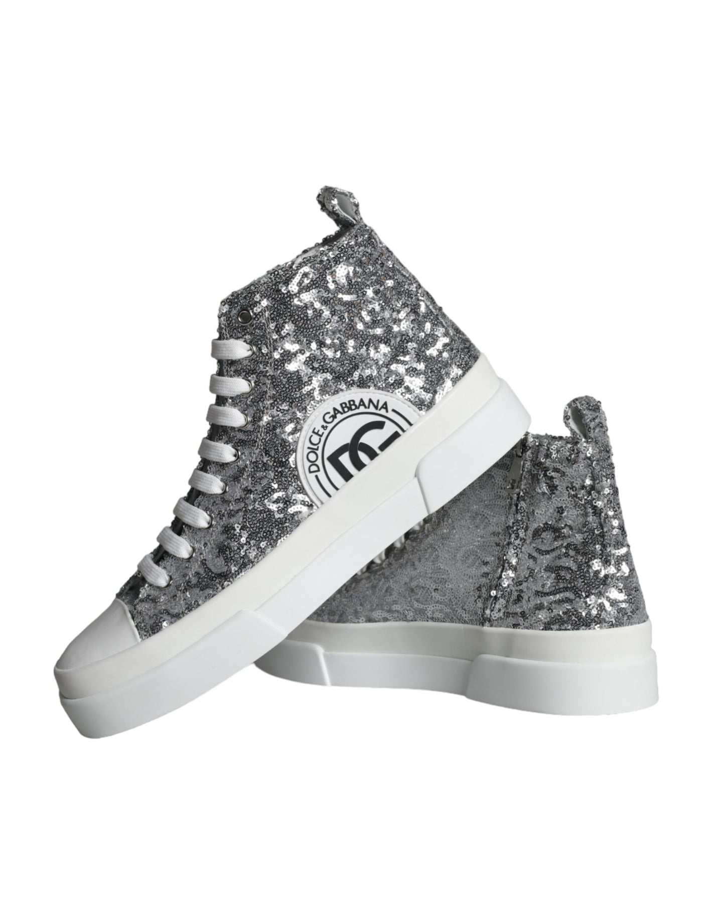 Dolce &amp; Gabbana Silver White Sequin High Top Sneakers Shoes