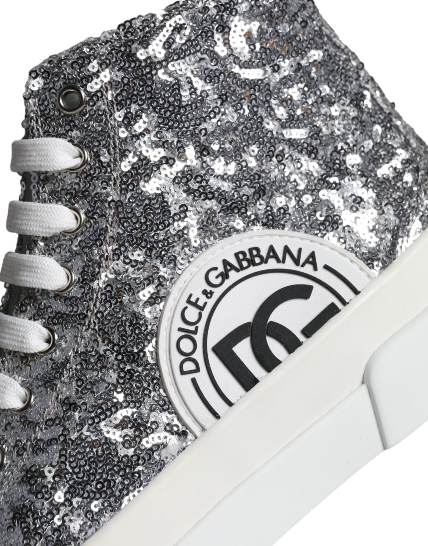 Dolce &amp; Gabbana Silver White Sequin High Top Sneakers Shoes