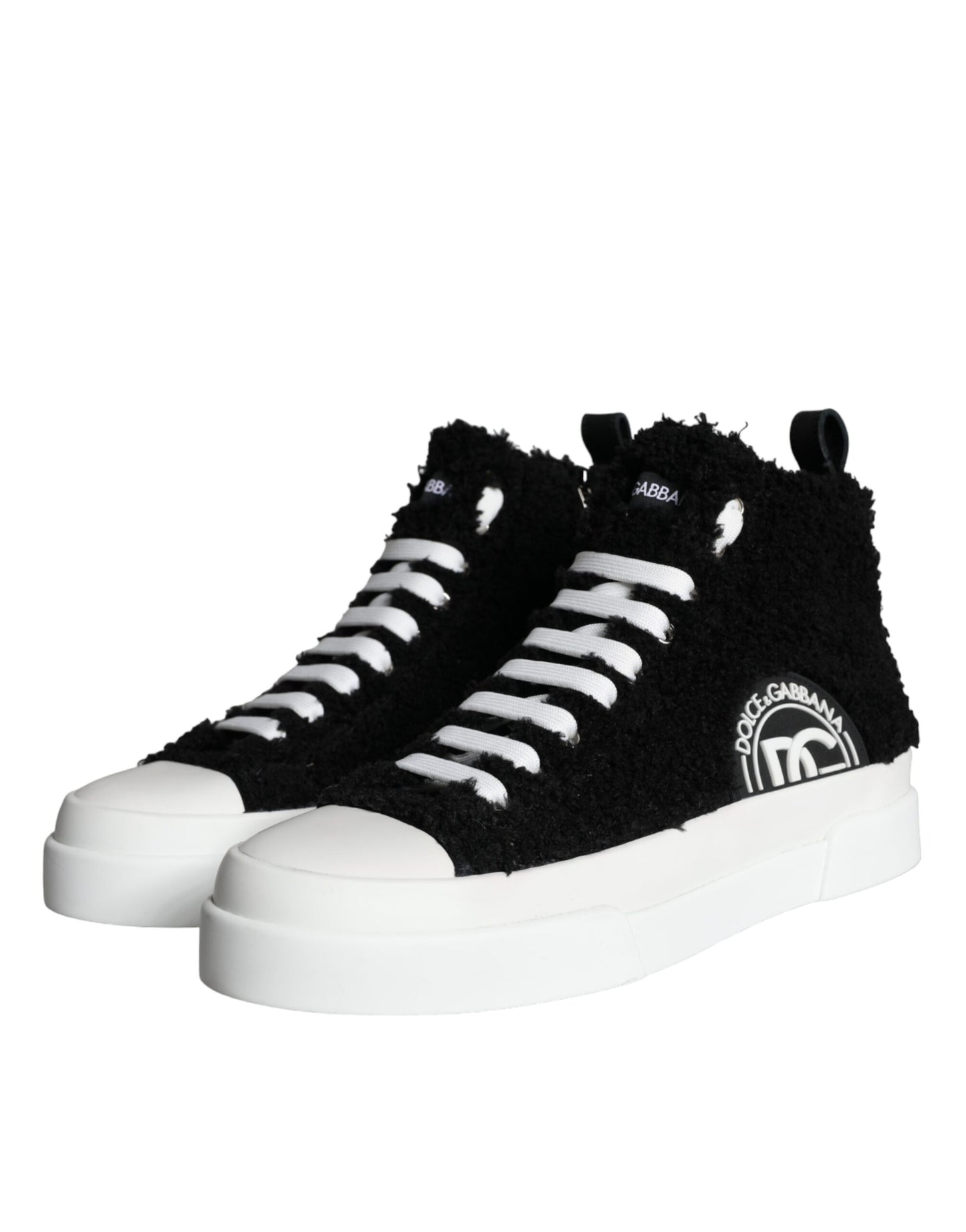 Dolce &amp; Gabbana Black White Fur Logo High Top Sneaker Shoes