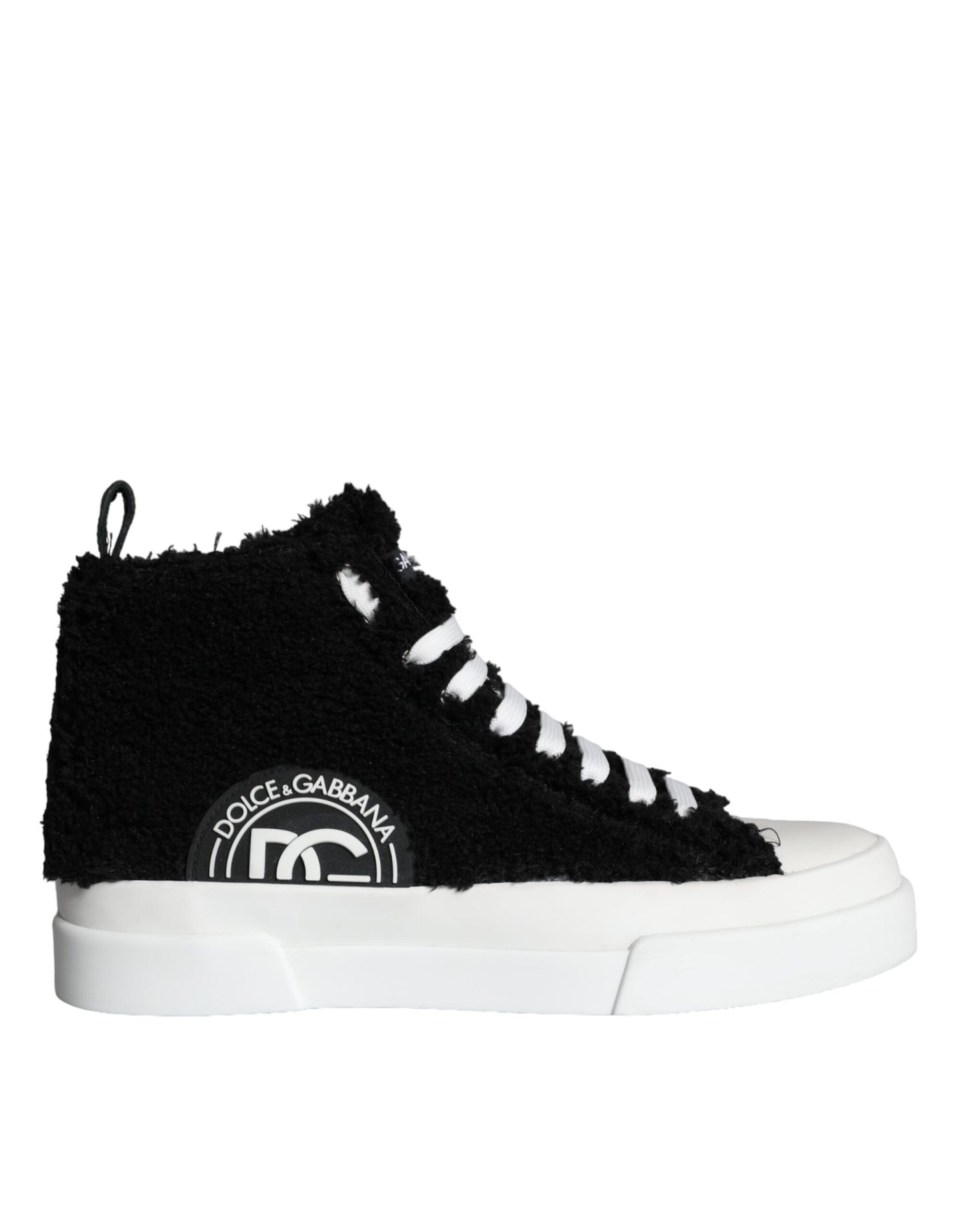 Dolce &amp; Gabbana Black White Fur Logo High Top Sneaker Shoes