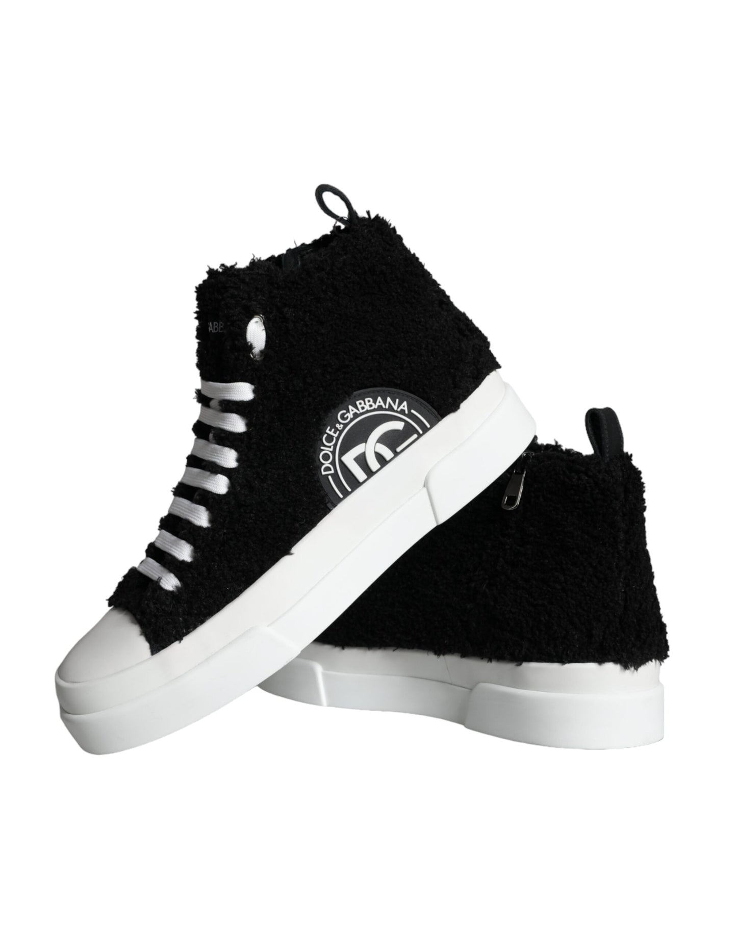 Dolce &amp; Gabbana Black White Fur Logo High Top Sneaker Shoes