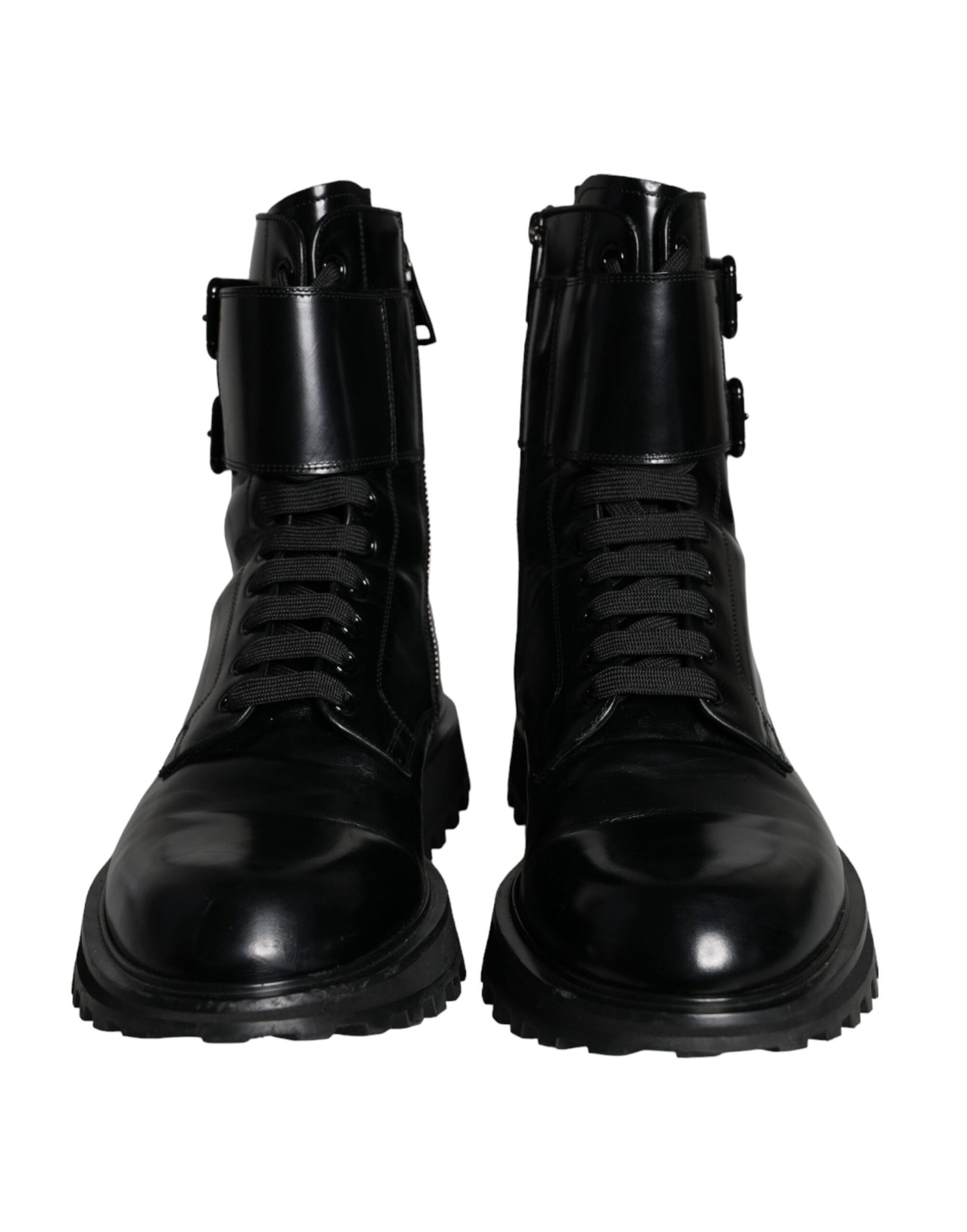 Dolce &amp; Gabbana Black Leather Lace Up Boots Men Mid Calf Shoes