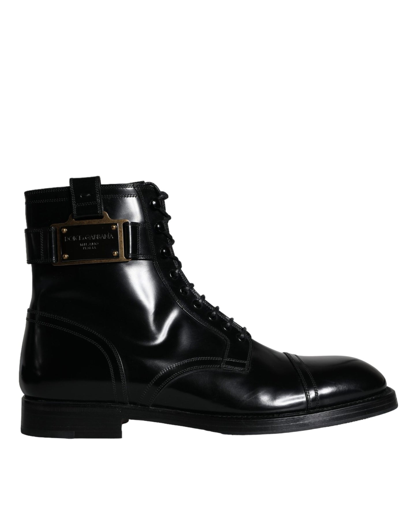 Dolce &amp; Gabbana Black Logo Lace Up Mid Calf Men Boots Shoes