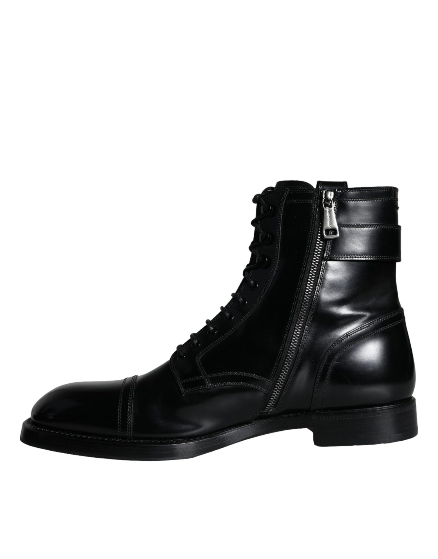 Dolce &amp; Gabbana Black Logo Lace Up Mid Calf Men Boots Shoes