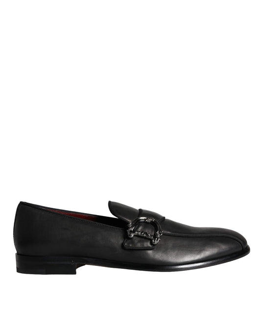 Dolce &amp; Gabbana Black Leather Logo Loafers Men Dress Shoes