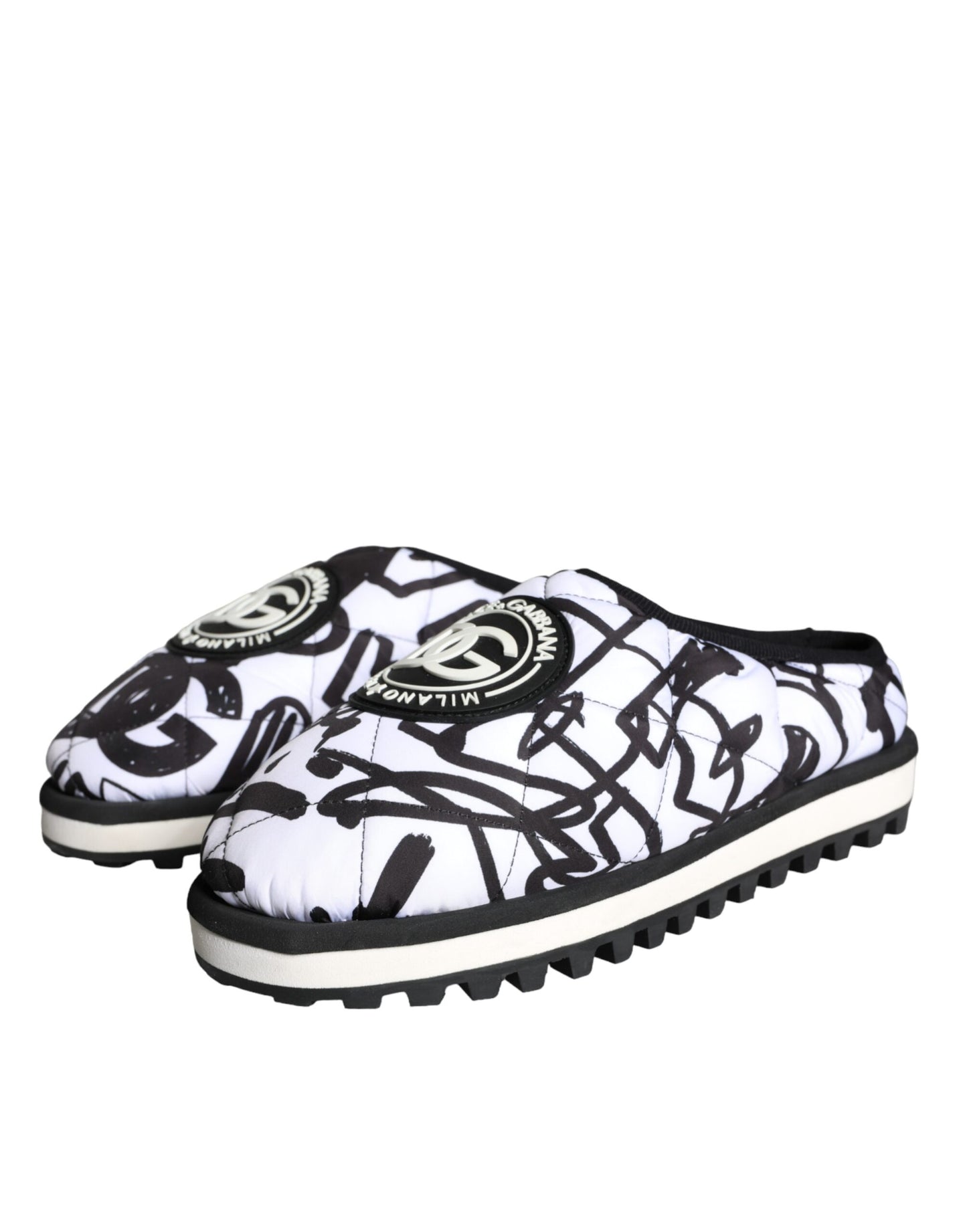 Dolce &amp; Gabbana Black White Quilted Logo Sandals Slides Shoes