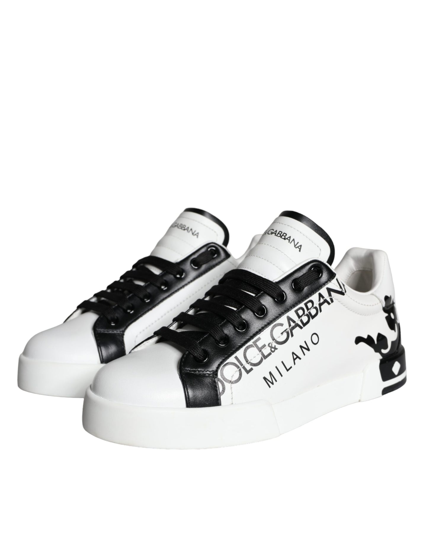 Dolce &amp; Gabbana White Black Leather Crown Milano Sneakers Shoes