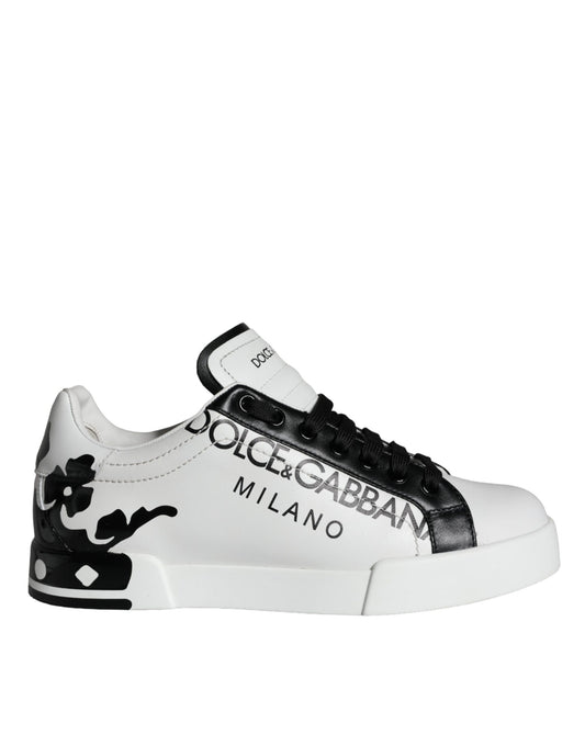 Dolce &amp; Gabbana White Black Leather Crown Milano Sneakers Shoes