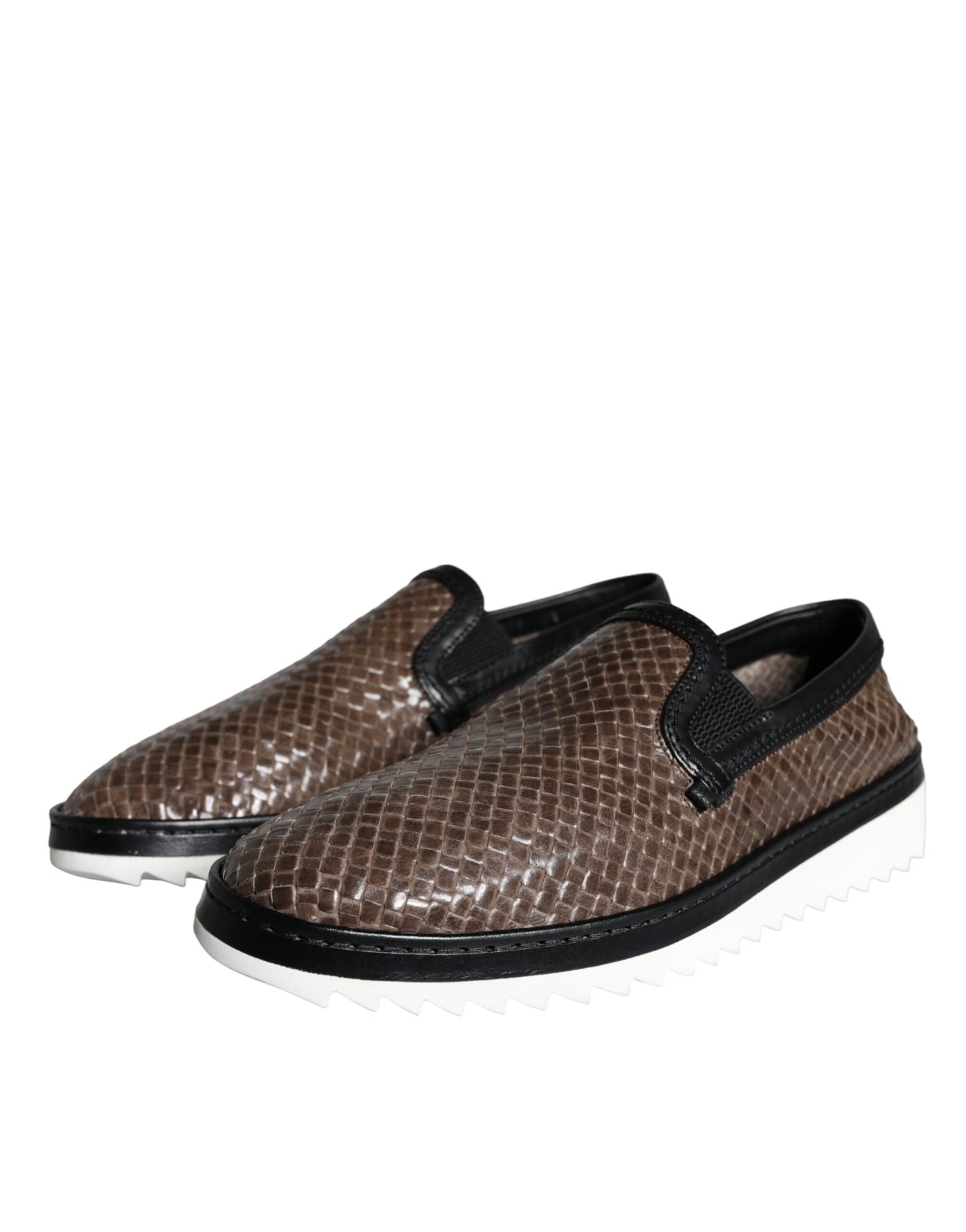 Dolce &amp; Gabbana Brown Black Leather Woven Men Loafers Shoes