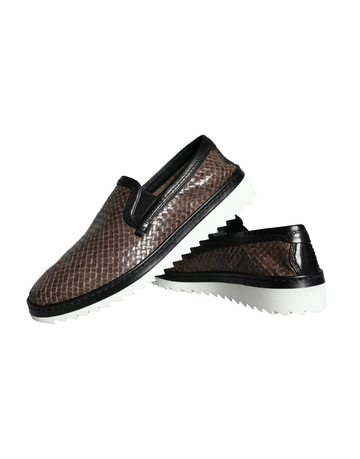 Dolce &amp; Gabbana Brown Black Leather Woven Men Loafers Shoes