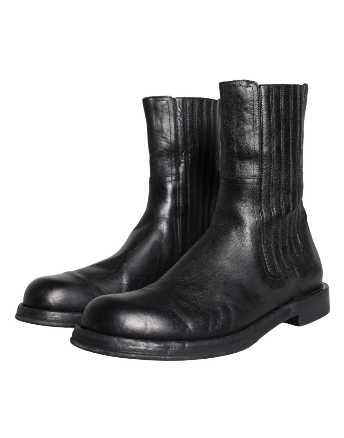 Dolce &amp; Gabbana Black Horse Leather Mid Calf Boots Men Shoes