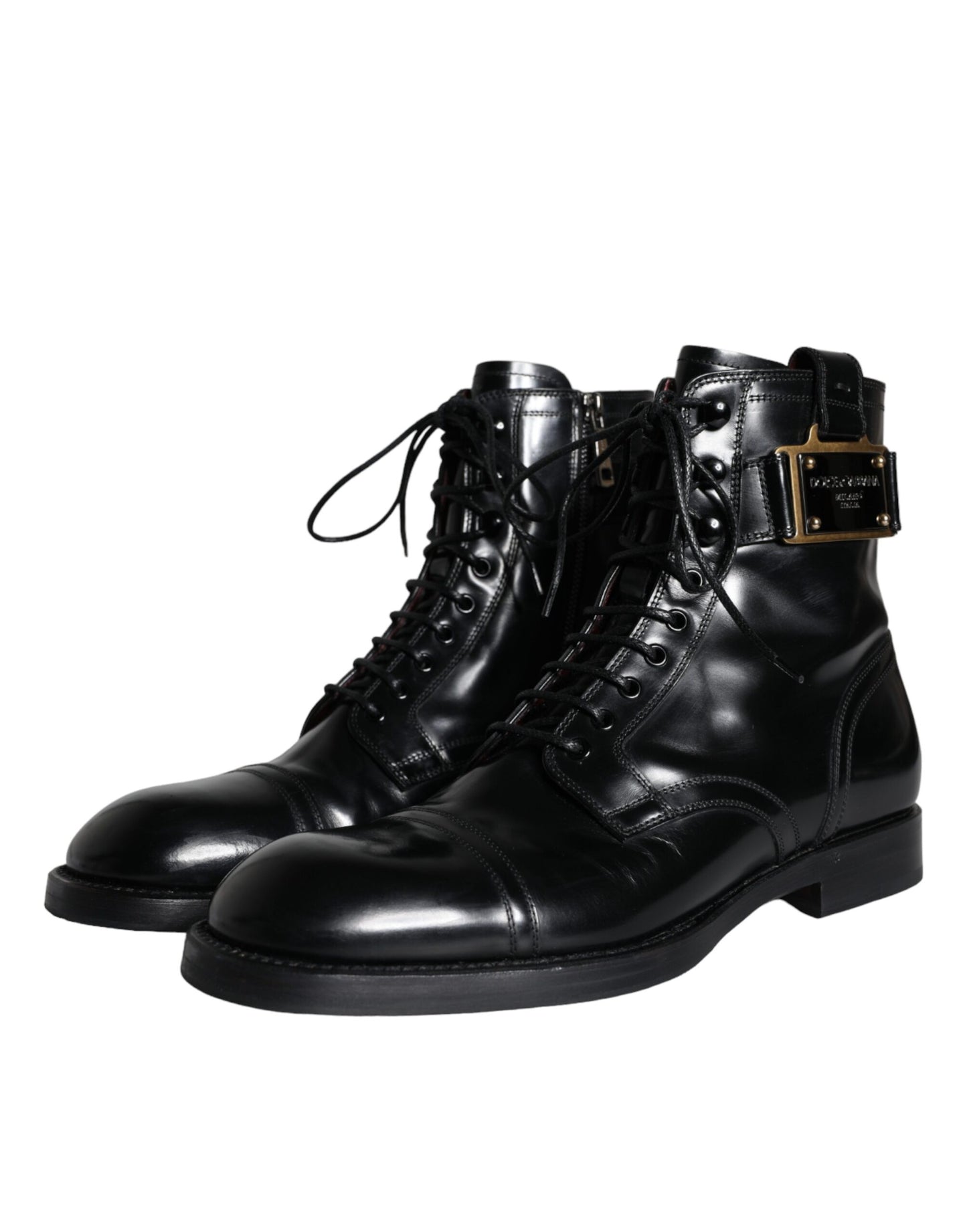 Dolce &amp; Gabbana Black Logo Lace Up Mid Calf Men Boots Shoes