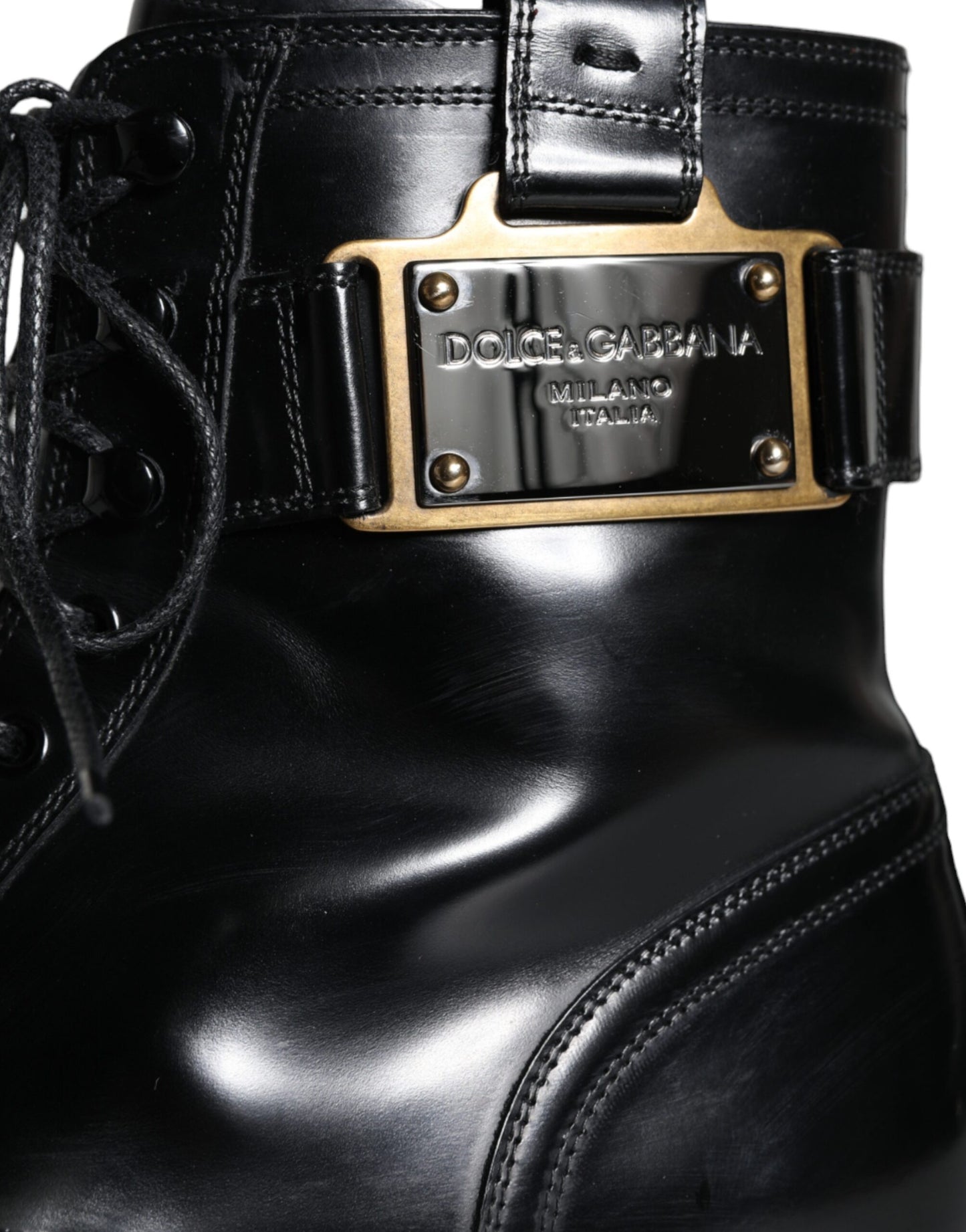 Dolce &amp; Gabbana Black Logo Lace Up Mid Calf Men Boots Shoes