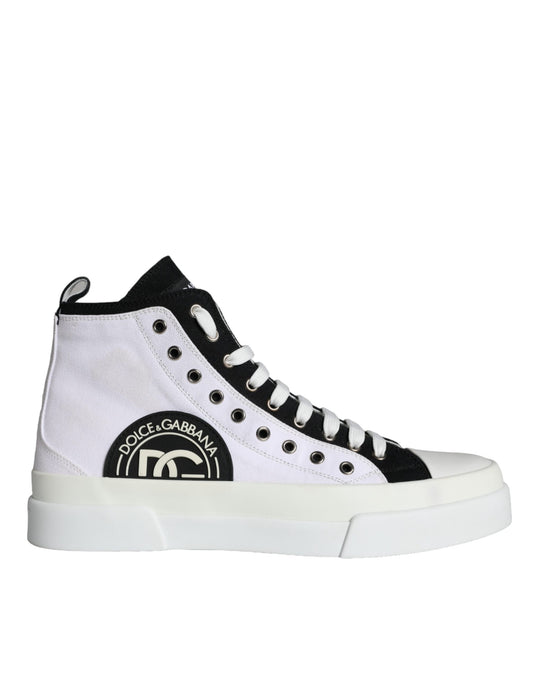 Dolce &amp; Gabbana White Black Cotton Logo High Top Sneaker Shoes