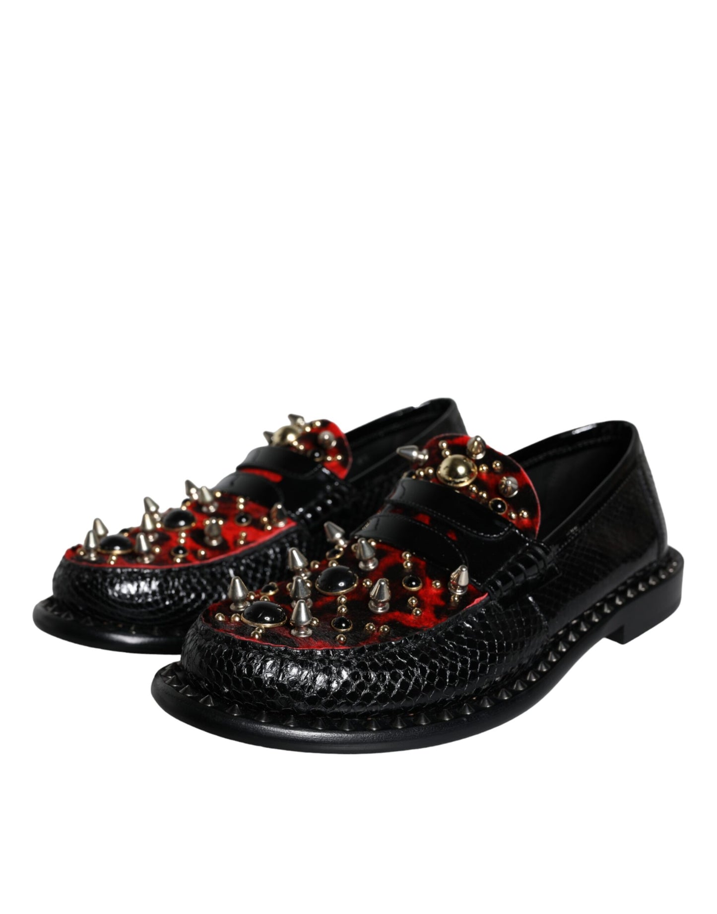 Dolce &amp; Gabbana Black Leopard Print Studded Leather Loafers Shoes