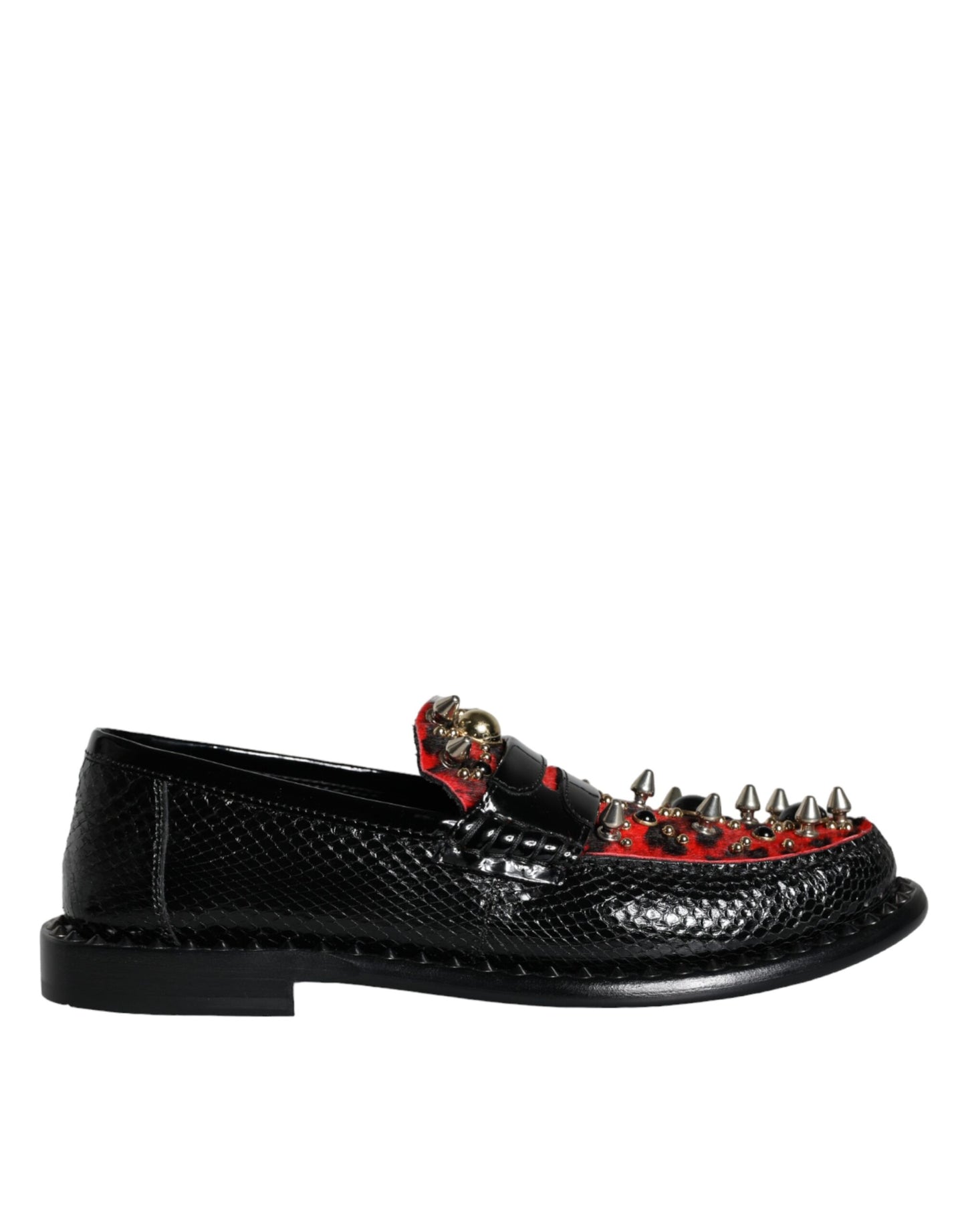 Dolce &amp; Gabbana Black Leopard Print Studded Leather Loafers Shoes