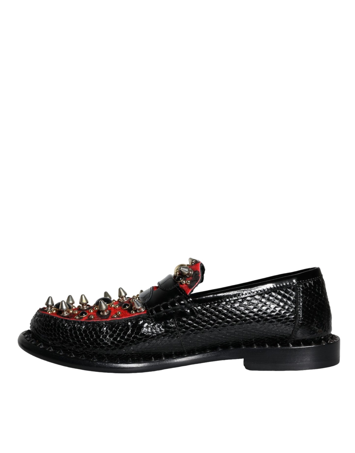 Dolce &amp; Gabbana Black Leopard Print Studded Leather Loafers Shoes