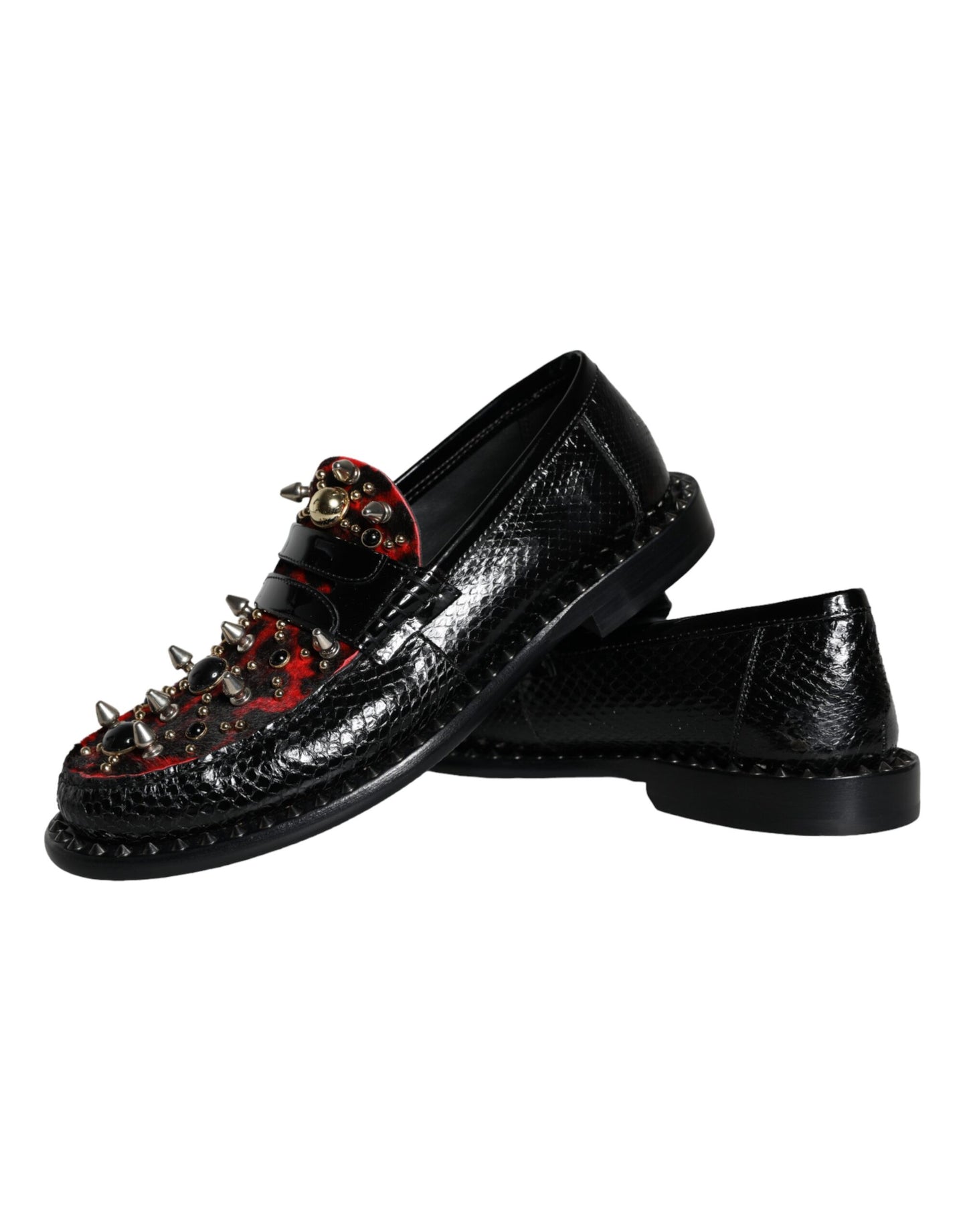 Dolce &amp; Gabbana Black Leopard Print Studded Leather Loafers Shoes