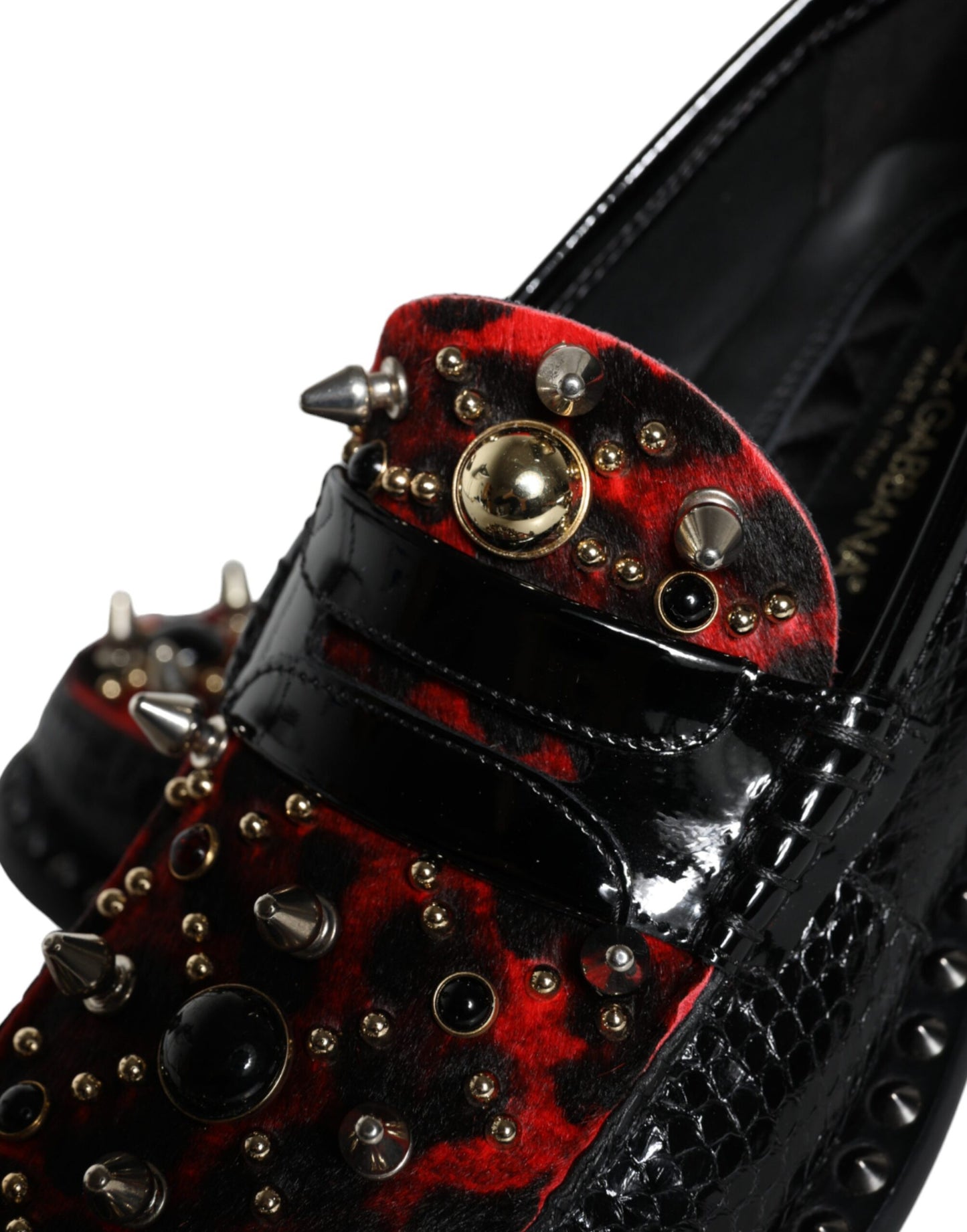 Dolce &amp; Gabbana Black Leopard Print Studded Leather Loafers Shoes