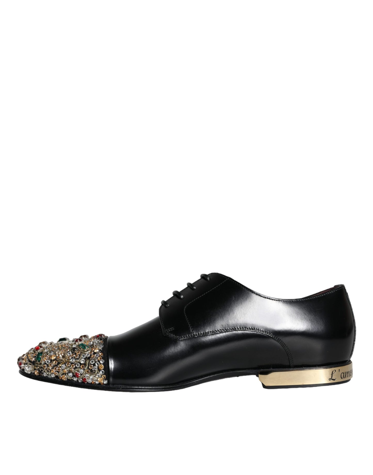 Dolce &amp; Gabbana Black Leather RUNWAY POSITANO Crystal Derby Men's Shoes