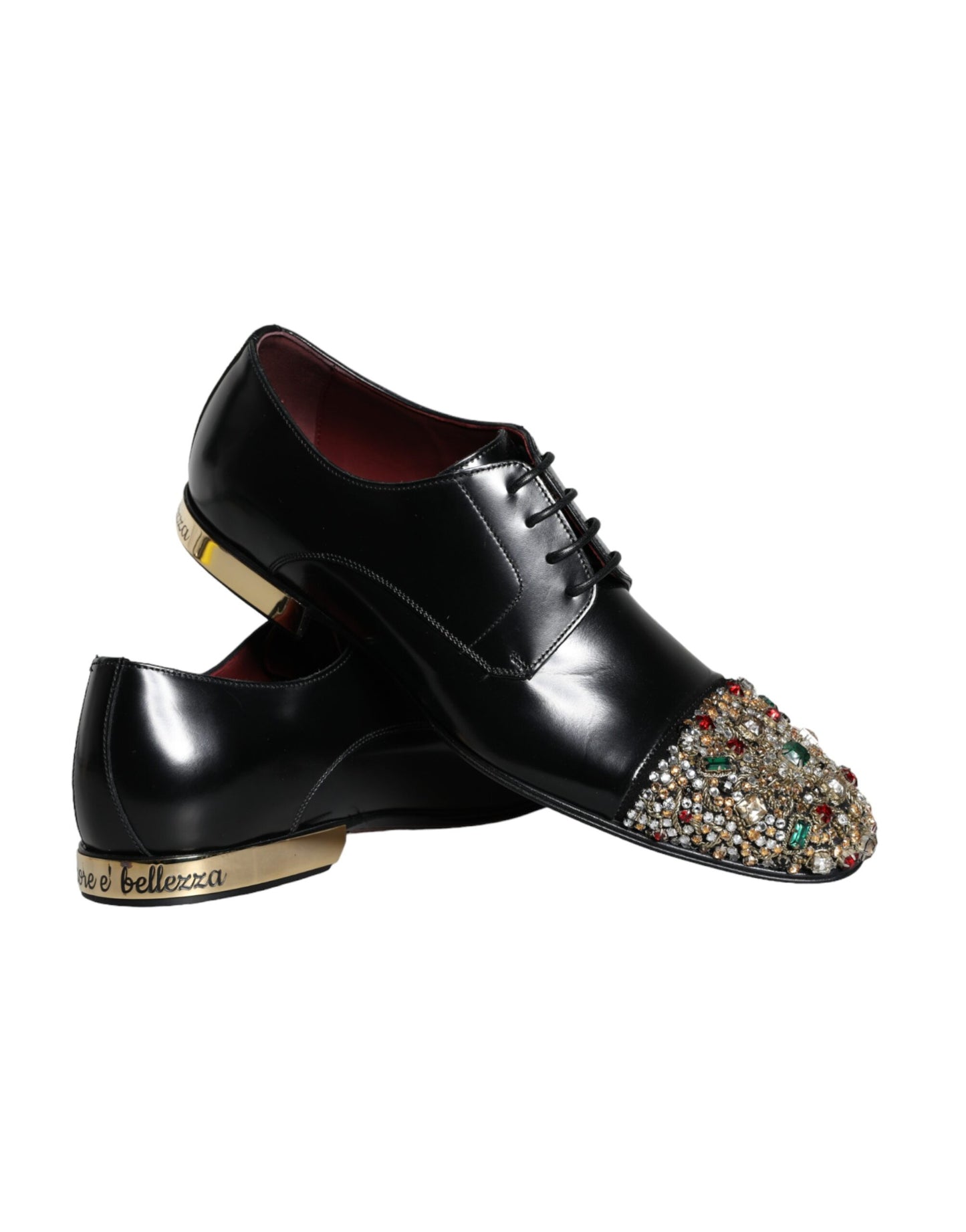 Dolce &amp; Gabbana Black Leather RUNWAY POSITANO Crystal Derby Men's Shoes