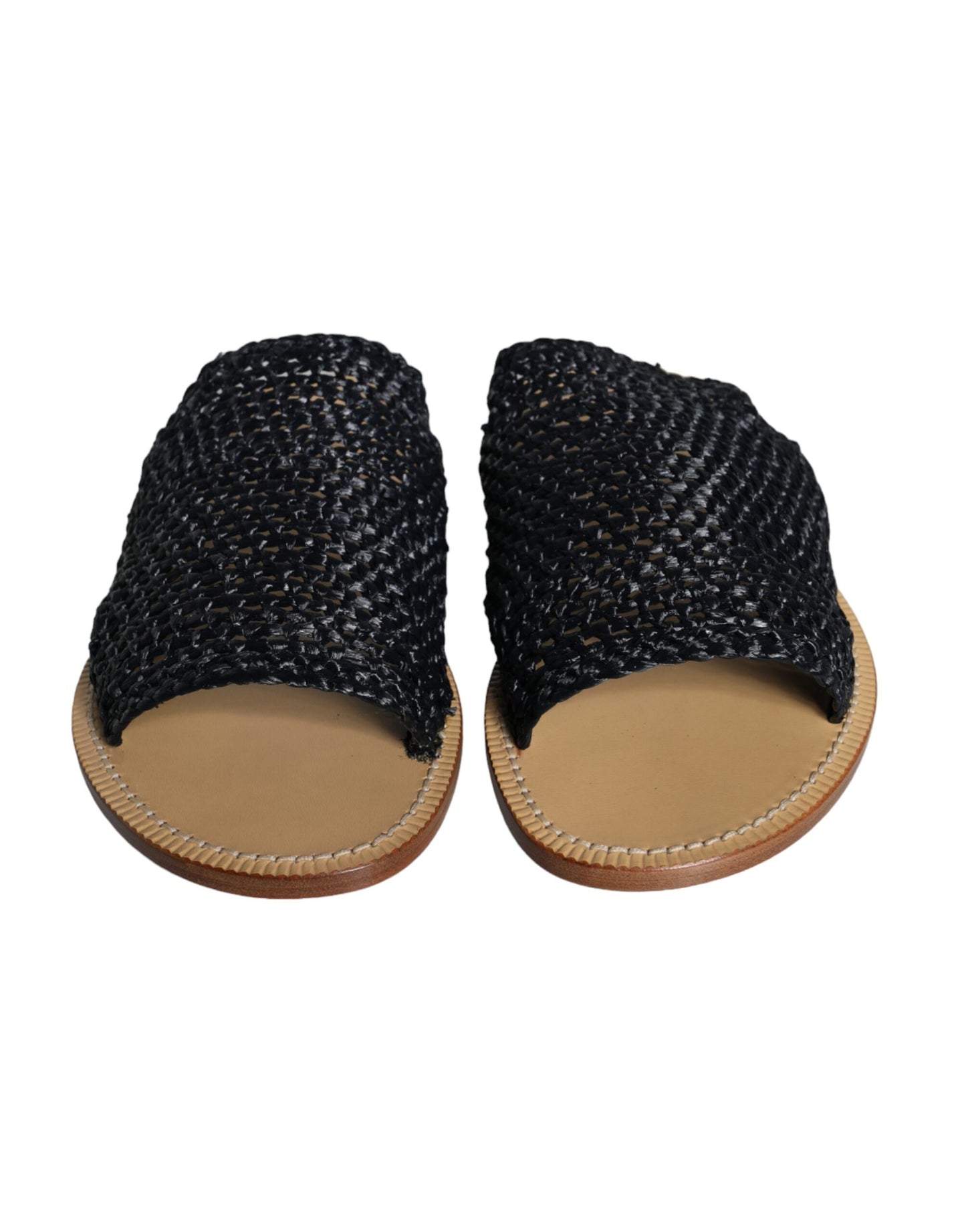 Dolce &amp; Gabbana Black Monochrome Braided Raffia Slides Shoes