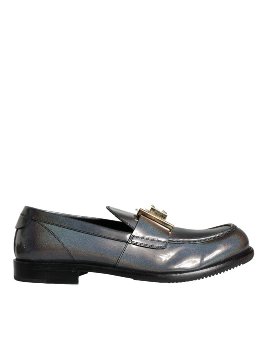 Dolce &amp; Gabbana Silver Leather Logo Plaque Slip On Men Loafers Shoes