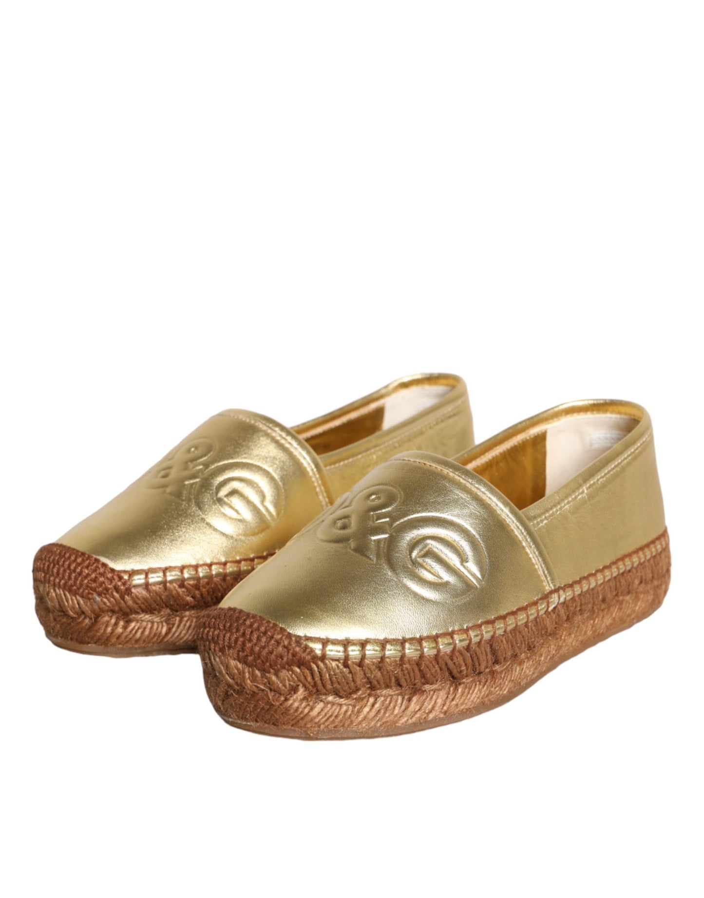 Dolce &amp; Gabbana Gold Leather Loafers Flats Espadrille Shoes