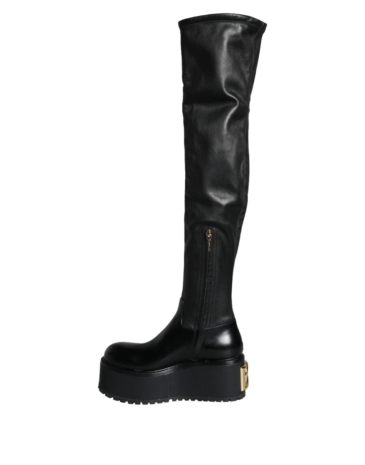 Dolce &amp; Gabbana Black Leather Logo Knee High Boots Shoes