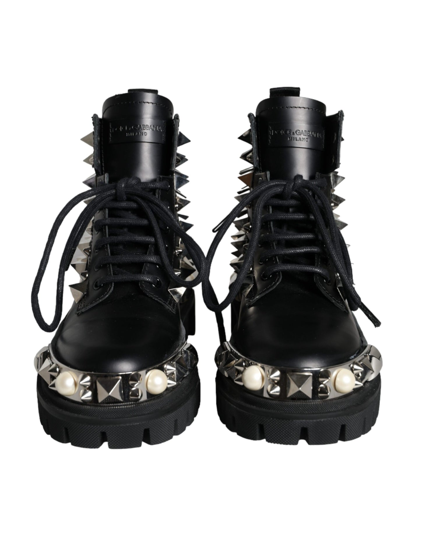 Dolce &amp; Gabbana Black Leather Studded Embellished Combat Boots Shoes