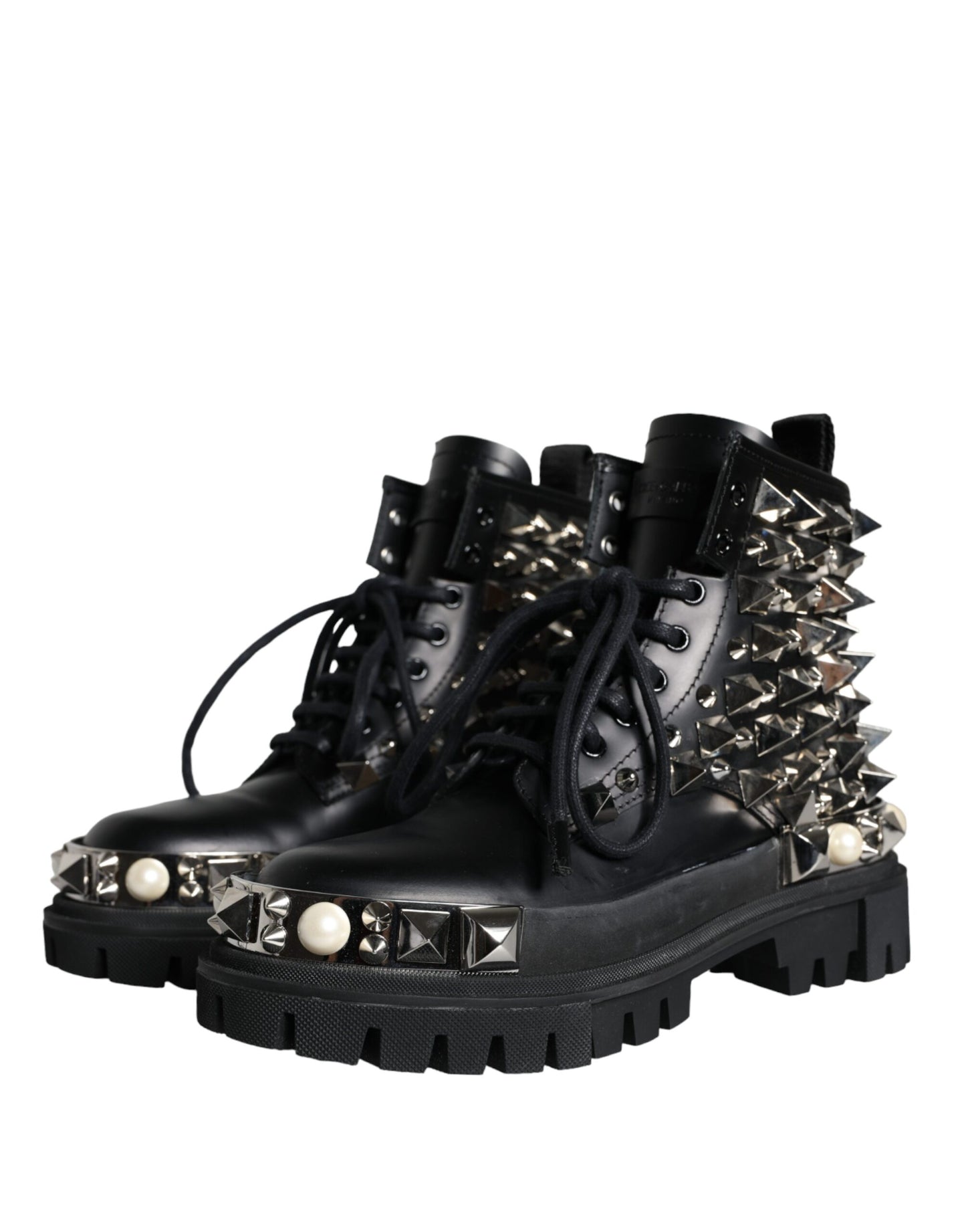 Dolce &amp; Gabbana Black Leather Studded Embellished Combat Boots Shoes