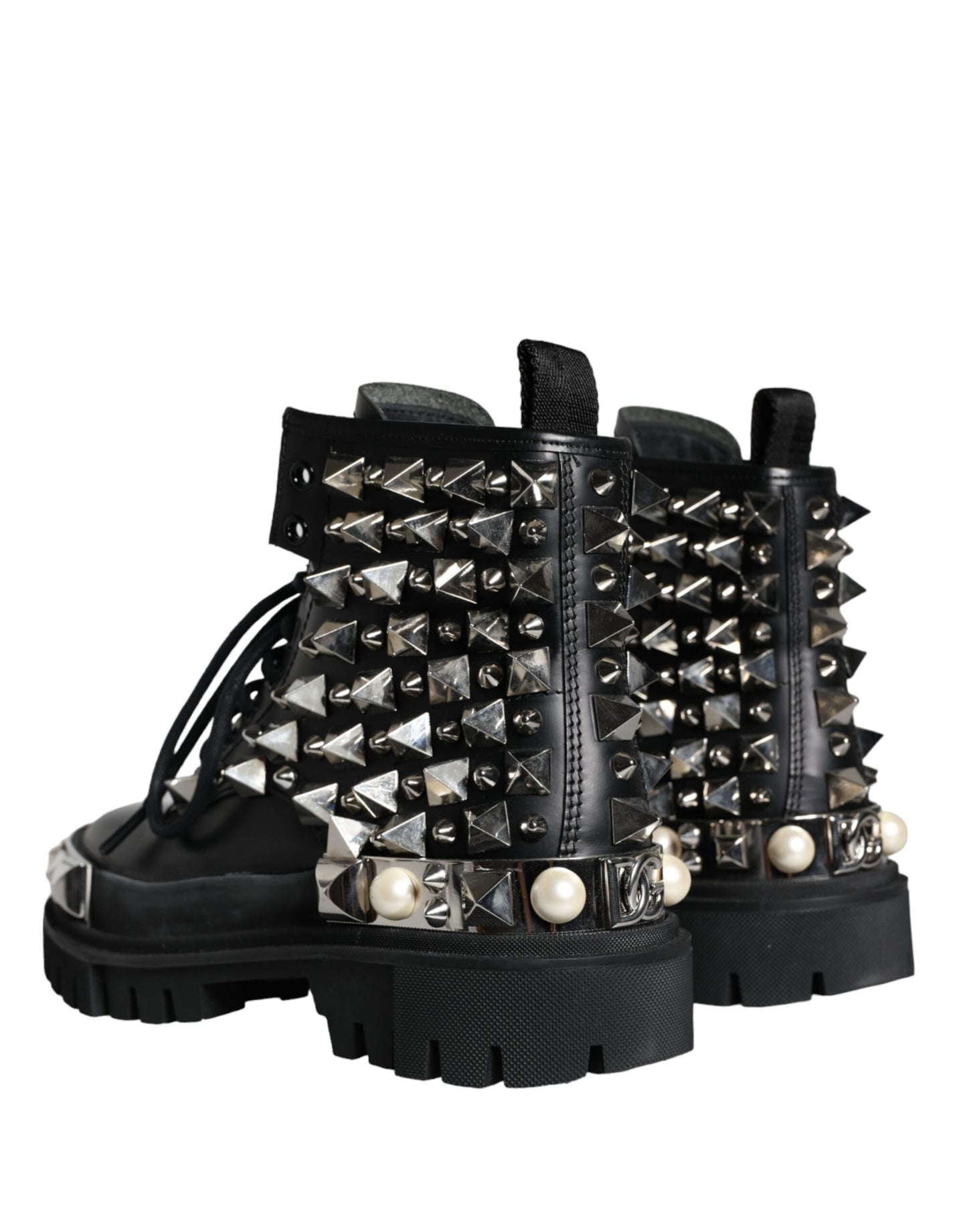 Dolce &amp; Gabbana Black Leather Studded Embellished Combat Boots Shoes