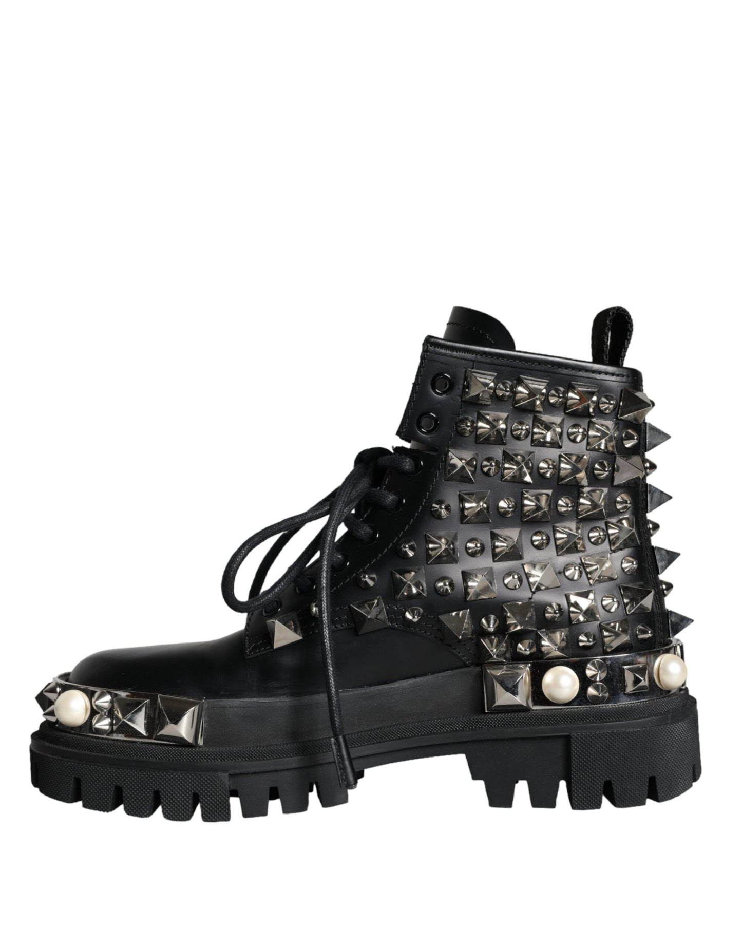 Dolce &amp; Gabbana Black Leather Studded Embellished Combat Boots Shoes