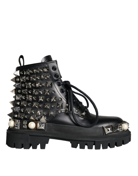 Dolce &amp; Gabbana Black Leather Studded Embellished Combat Boots Shoes