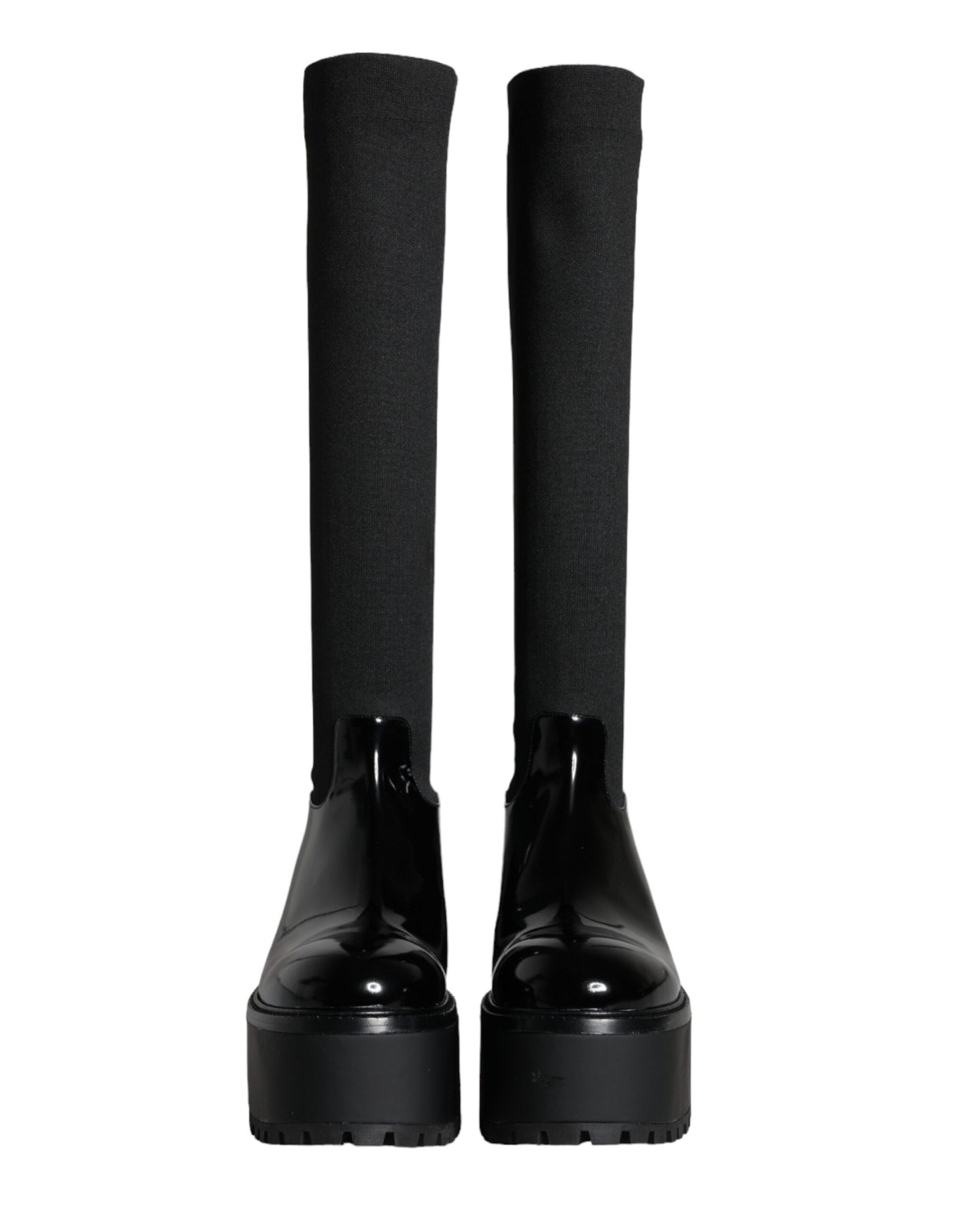 Dolce &amp; Gabbana Black Leather Jersey Knee High Boots Shoes