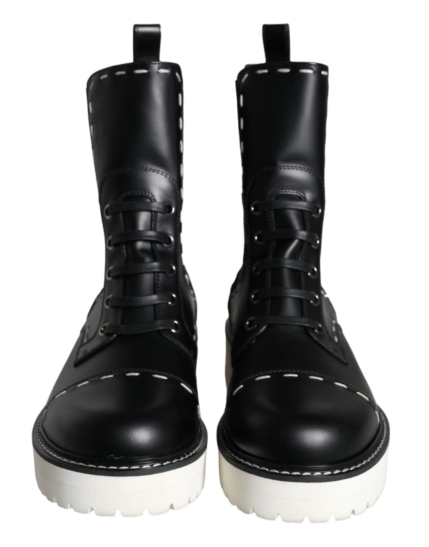 Dolce &amp; Gabbana Black Leather Combat Mid Calf Boots Shoes