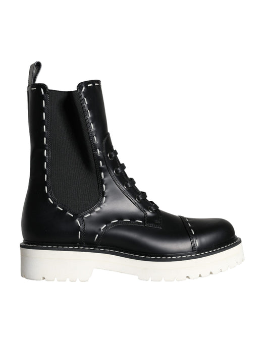 Dolce &amp; Gabbana Black Leather Combat Mid Calf Boots Shoes