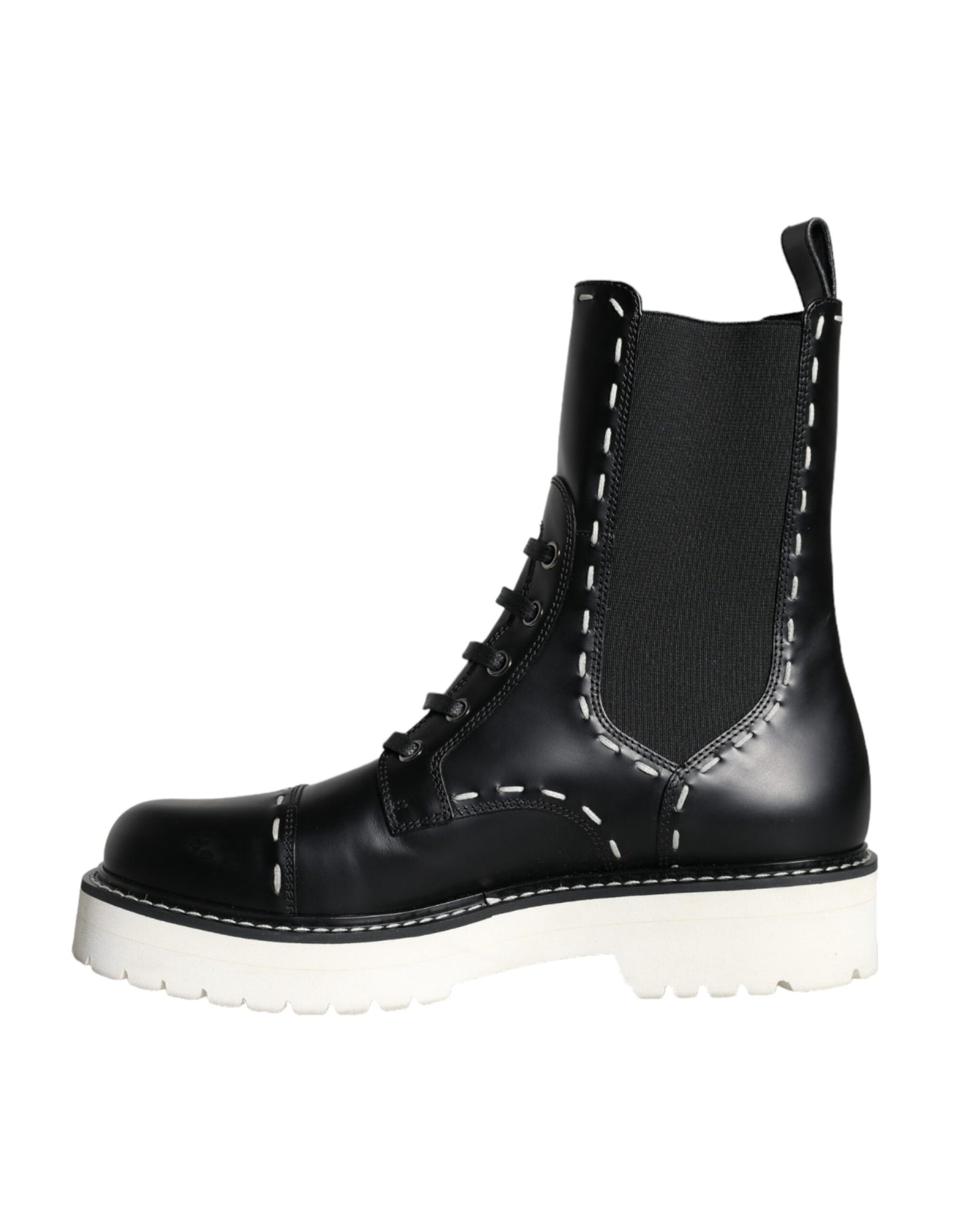 Dolce &amp; Gabbana Black Leather Combat Mid Calf Boots Shoes